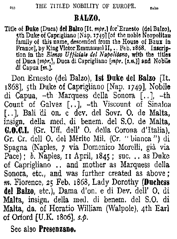 PELLEW, EXMOUTH del BALZO, di CAPRIGLIANO, Duca del Balzo, Duca di